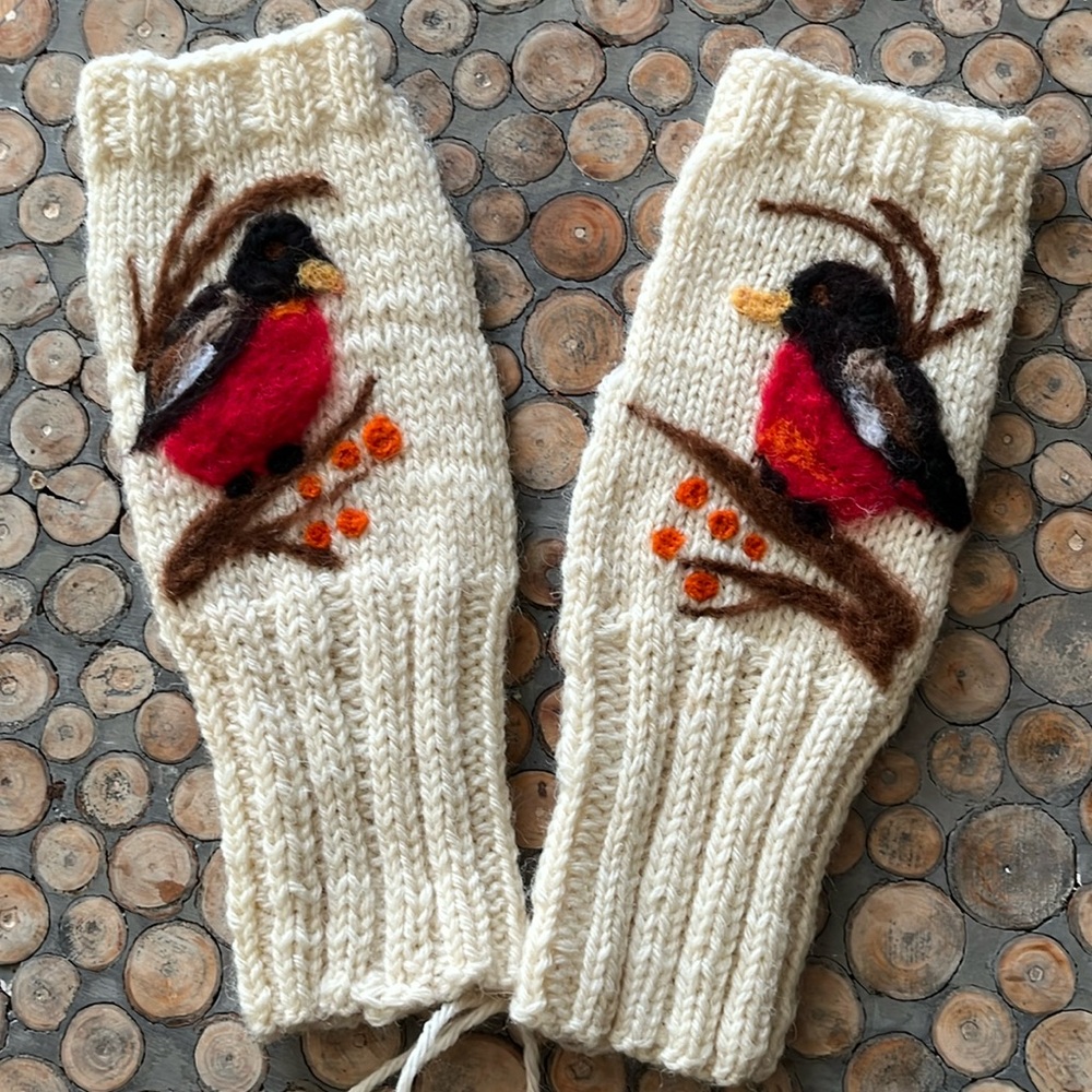 One of a kind, handmade knitted mittens with felted design. 100% wool.